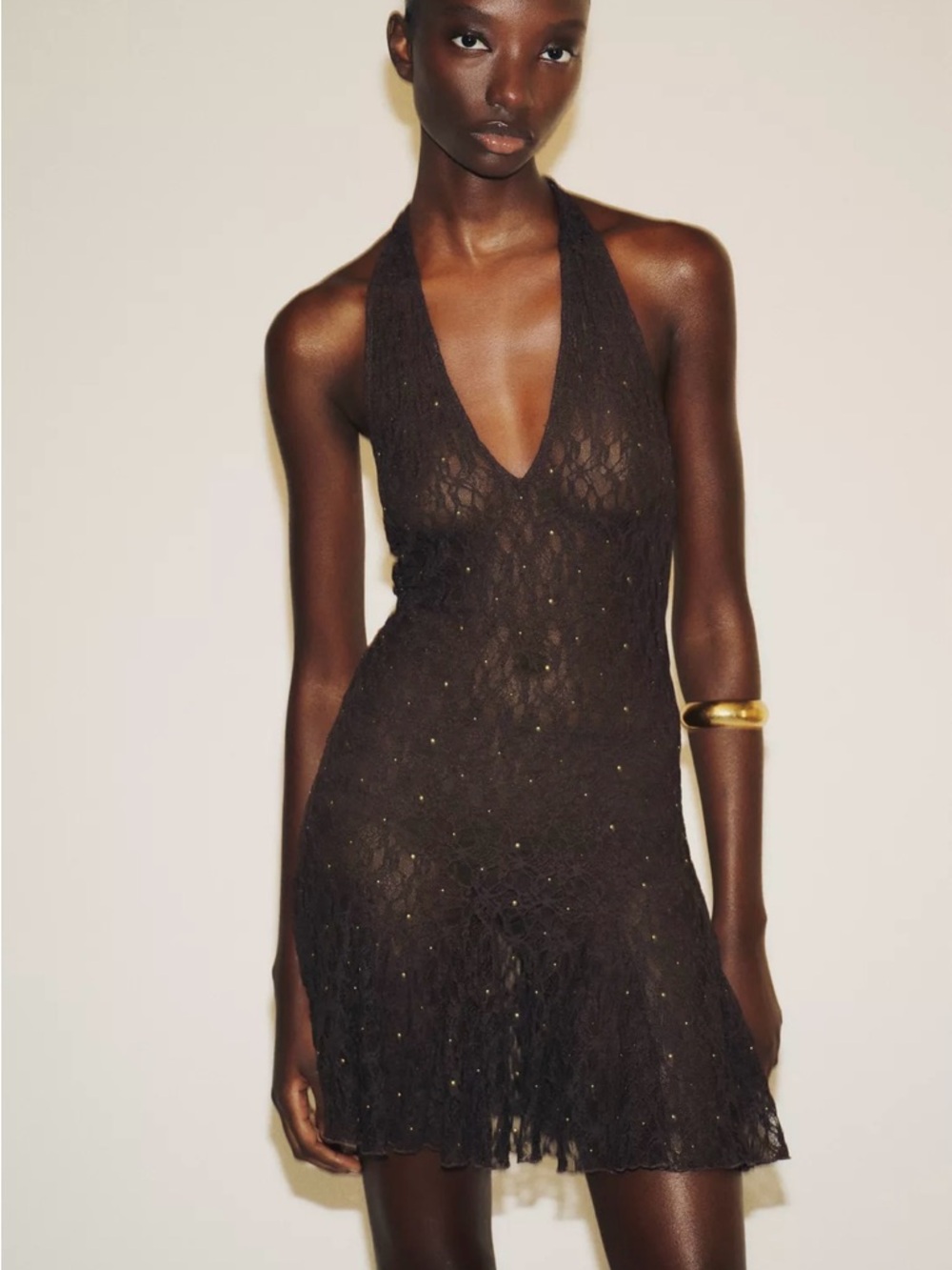 Zara Black Halter Lace Mini Dress with Subtle Sparkle